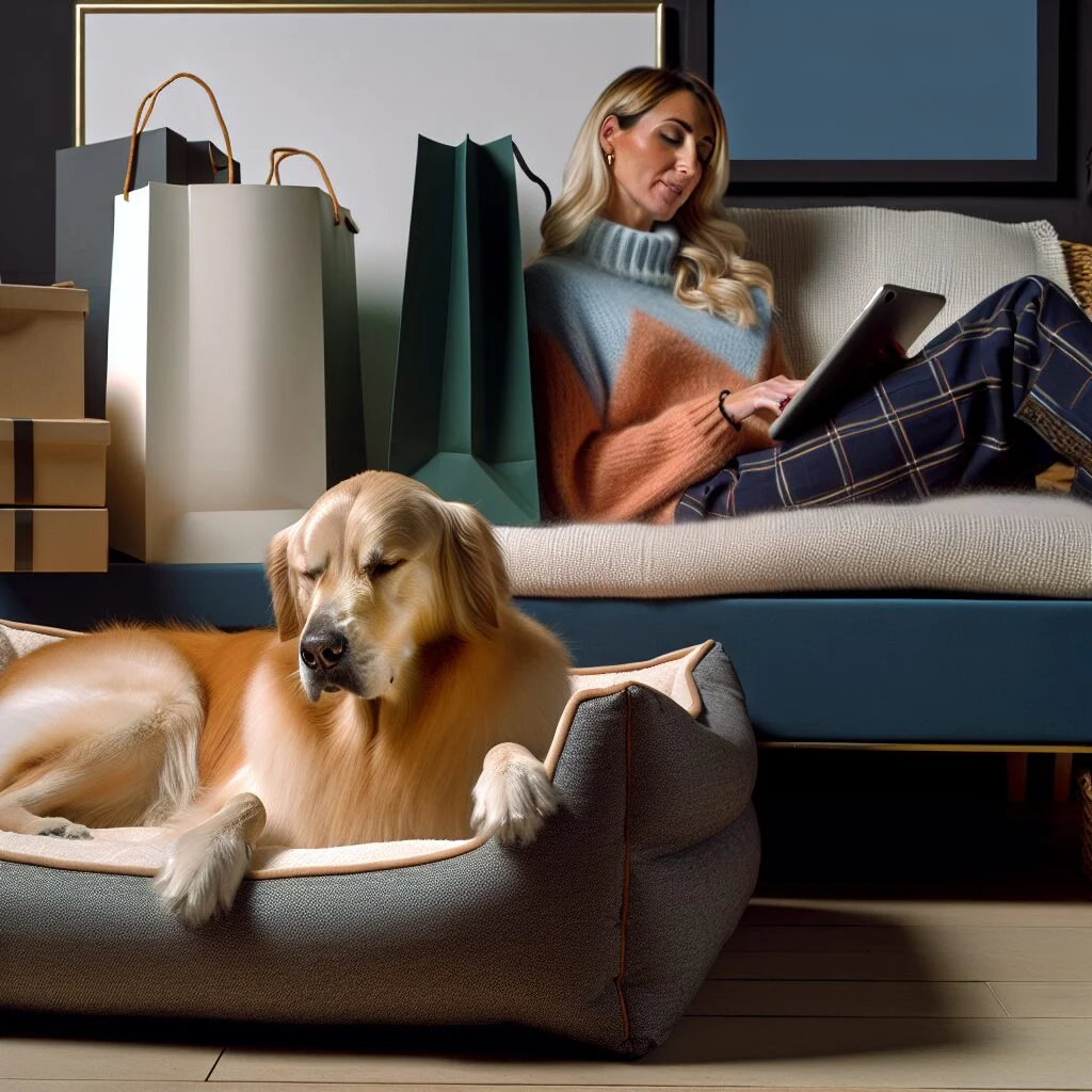Golden Retriever in a human-sized dog bed in a modern home