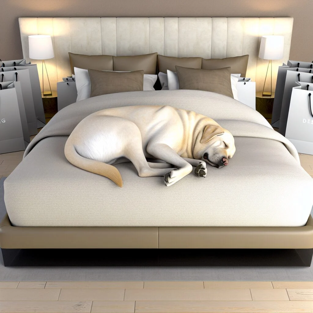 Labrador Retriever sleeping on luxurious human-sized bed near me