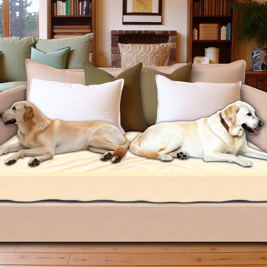 Luxurious dog bed for humans with snuggling retrievers