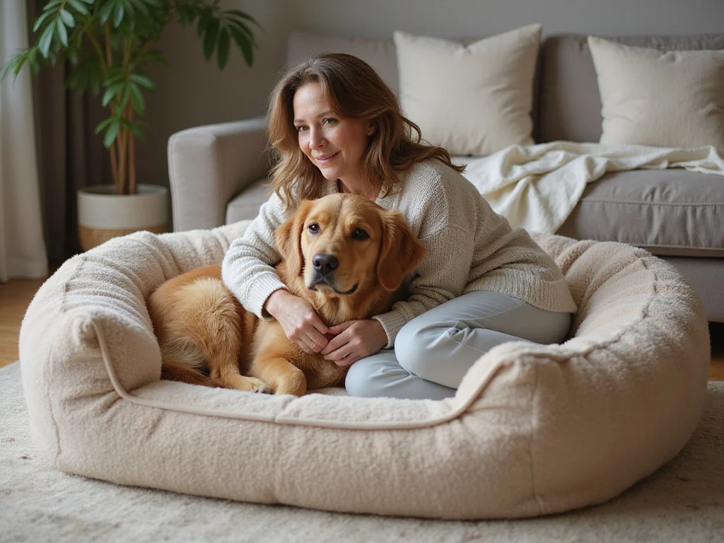 Mature woman and golden retriever on human dog bed for sale