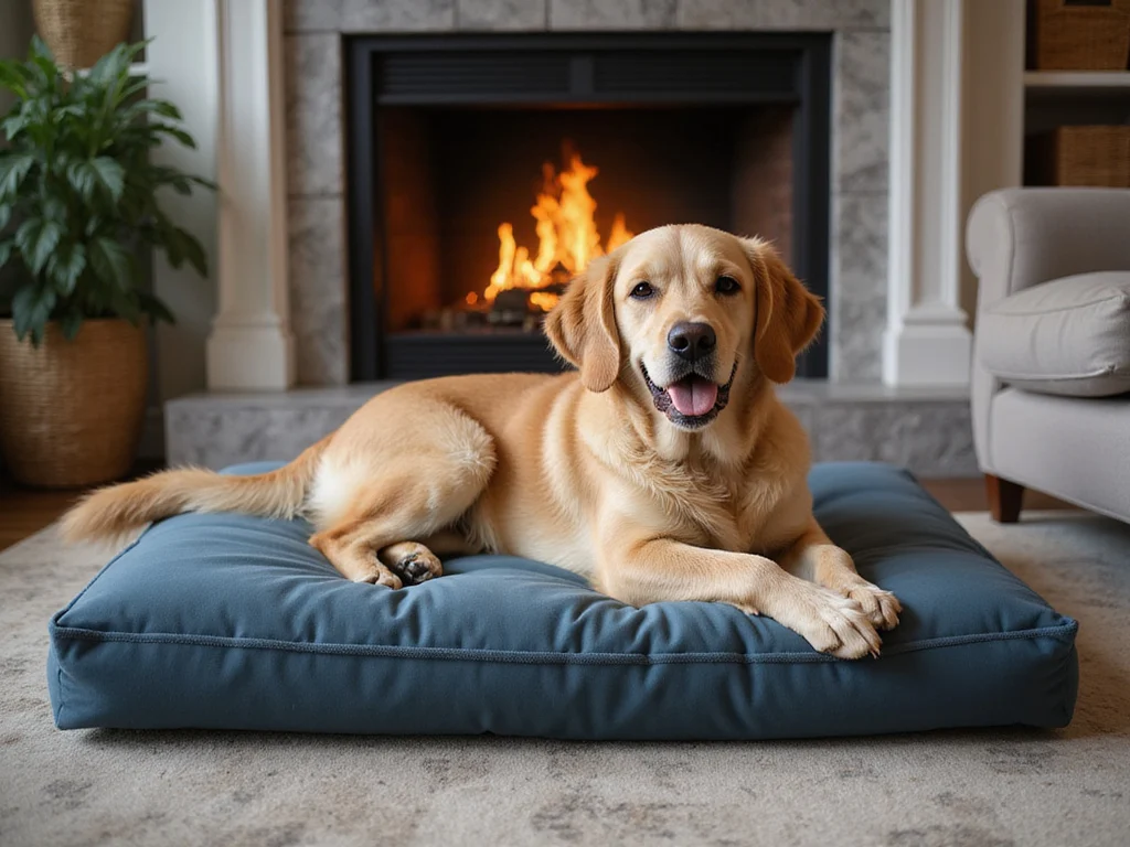 Luxury human dogbeds in a high-end home setting with golden retriever.
