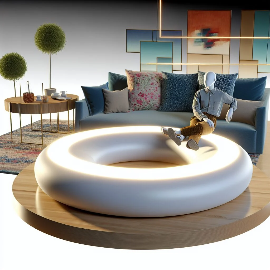 Casual dressed person relaxing on human donut bed in modern living room