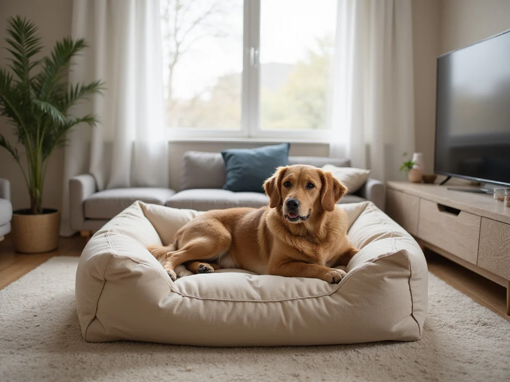 Human giant dog bed in a modern, cozy living room setting