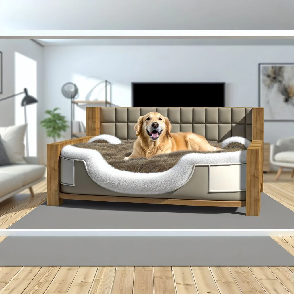 Golden Retriever in a human like dog bed in modern living room.