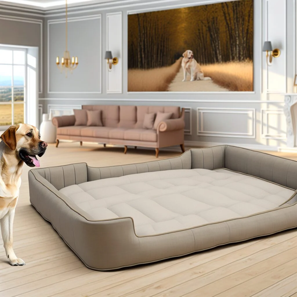 Golden Retriever exploring human size dog bed from Amazon