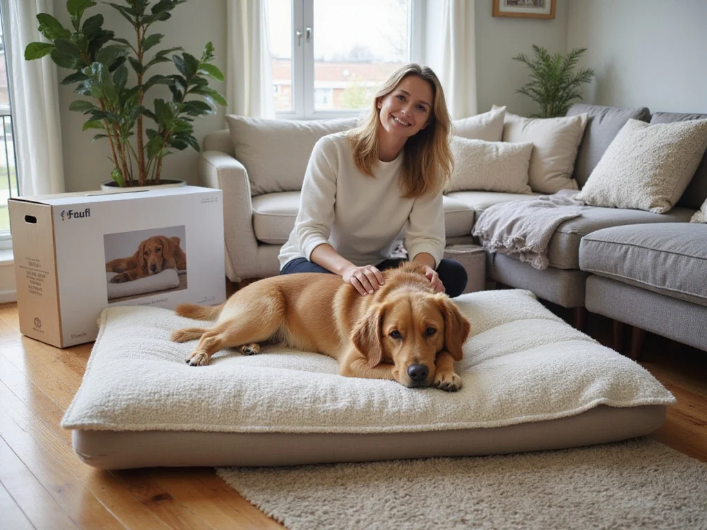 Golden retriever enjoying human size dog bed from Shark Tank