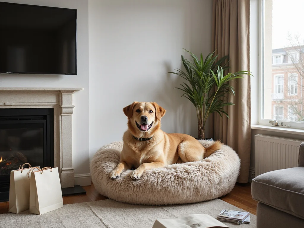 Large human sized fluffy dog bed in cozy living room setting