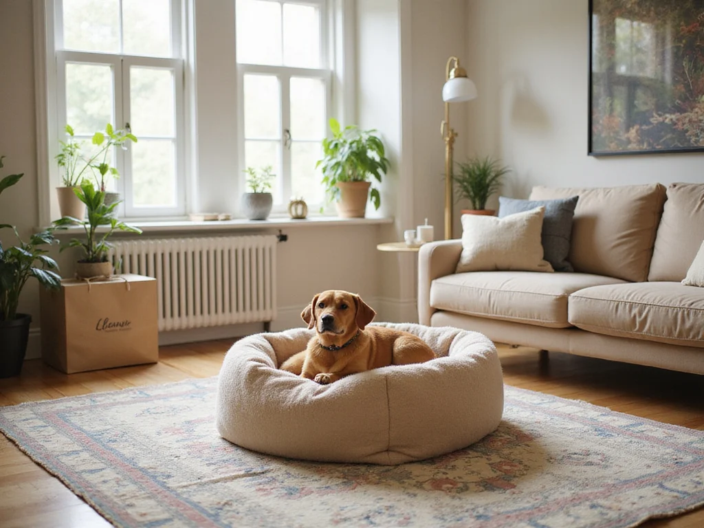 Modern living room featuring a plush dog bed in human style