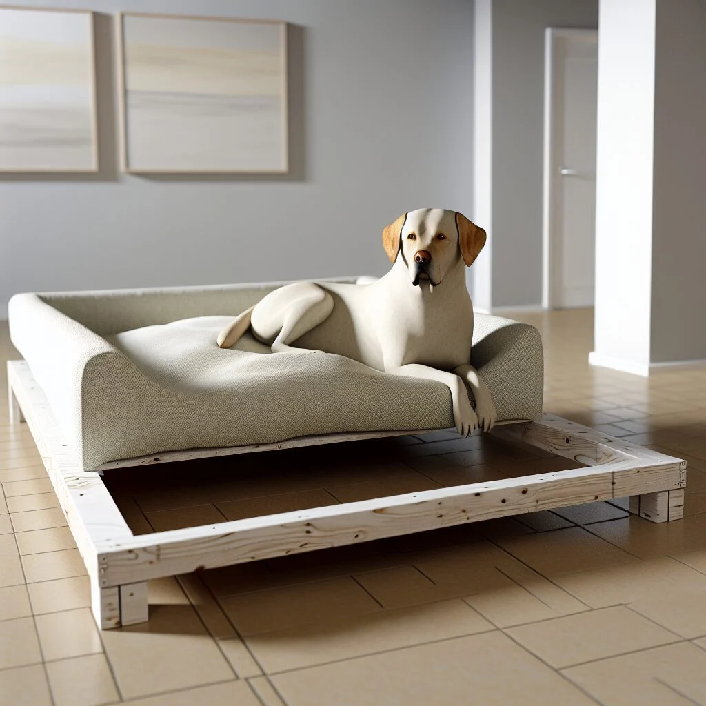 Labrador Retriever lounging on repurposed IKEA-style dog bed