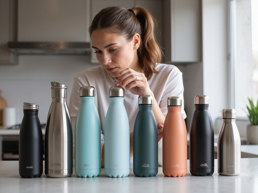 Woman reviewing array of insulated stainless steel water bottles.