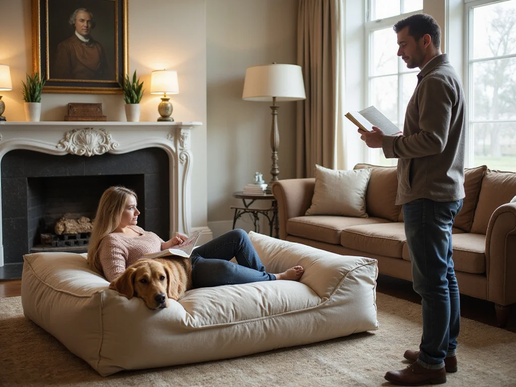Large dog bed being used comfortably by humans in cozy room