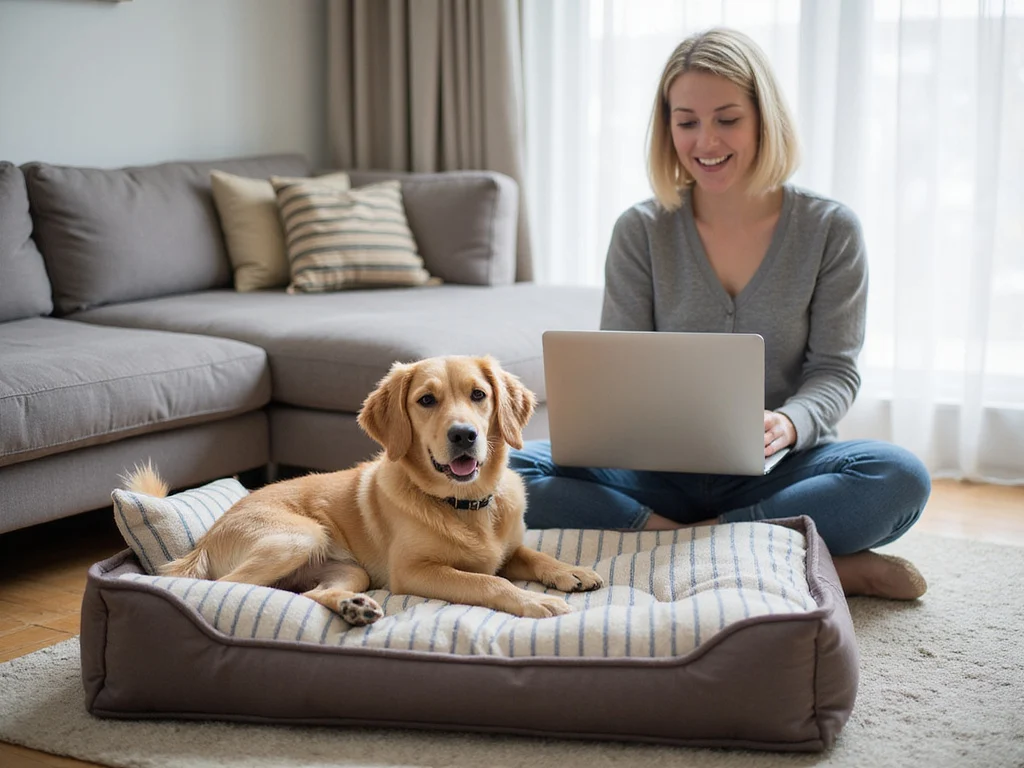 Person shopping Lidl's human dog beds online with resting dog nearby