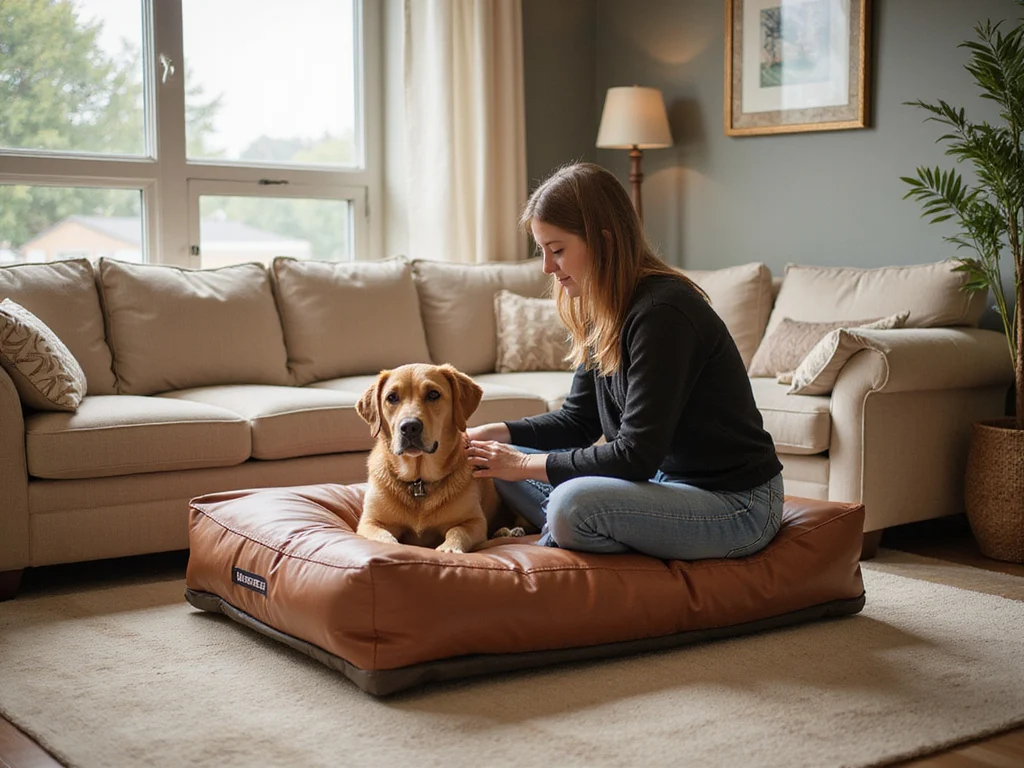 Person and dog interacting with Mauflit human dog bed in living room.