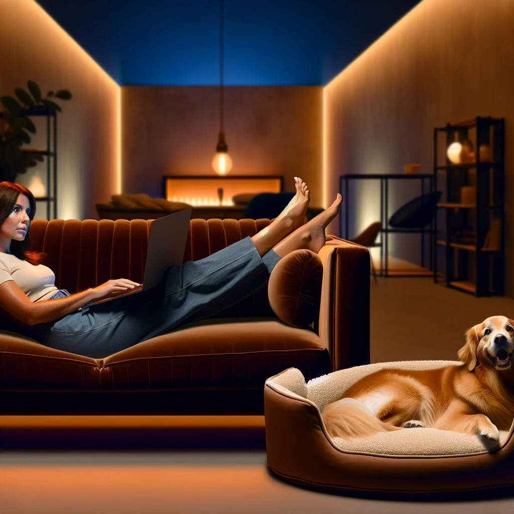 Caucasian adult and golden retriever on mi lounge human dog bed