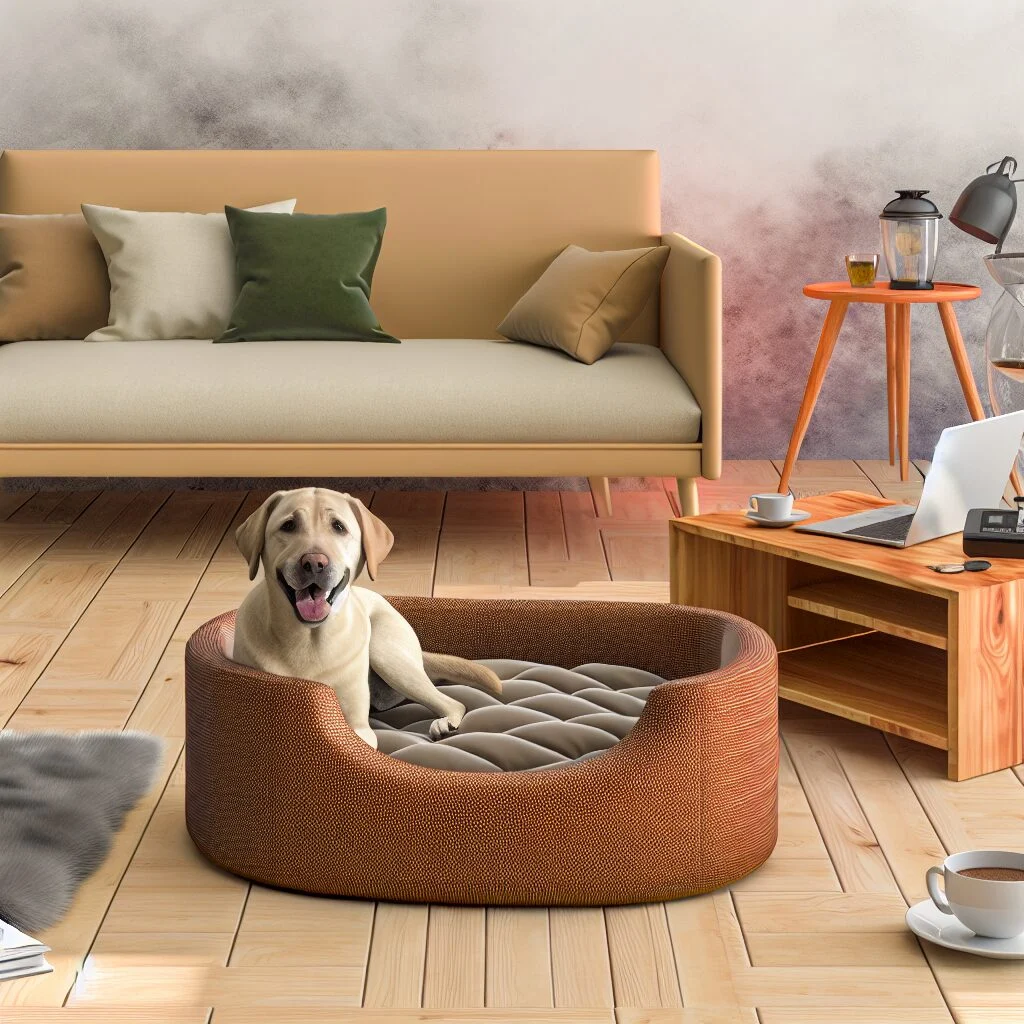 Labrador enjoying comfort on mini human bed for dogs