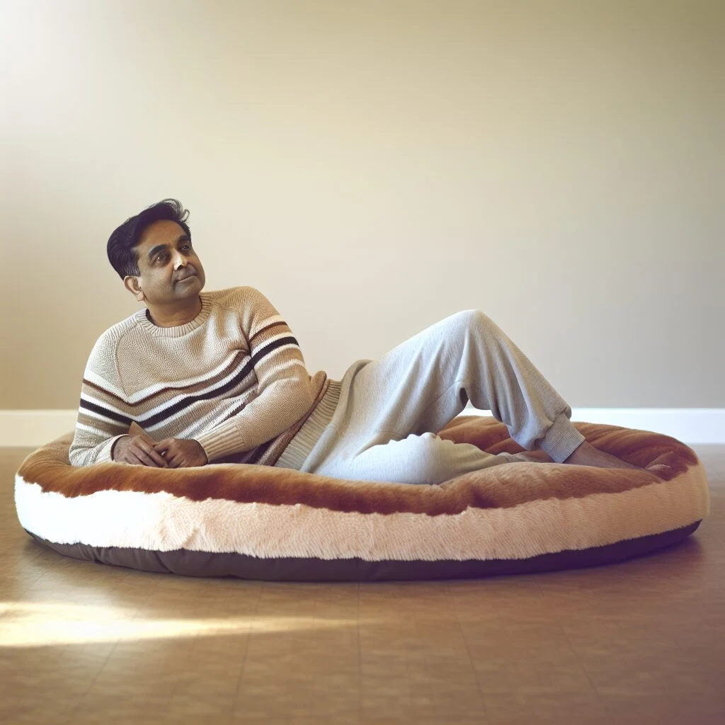 Adult human lounging on an oversized dog bed in cozy, modern decor room