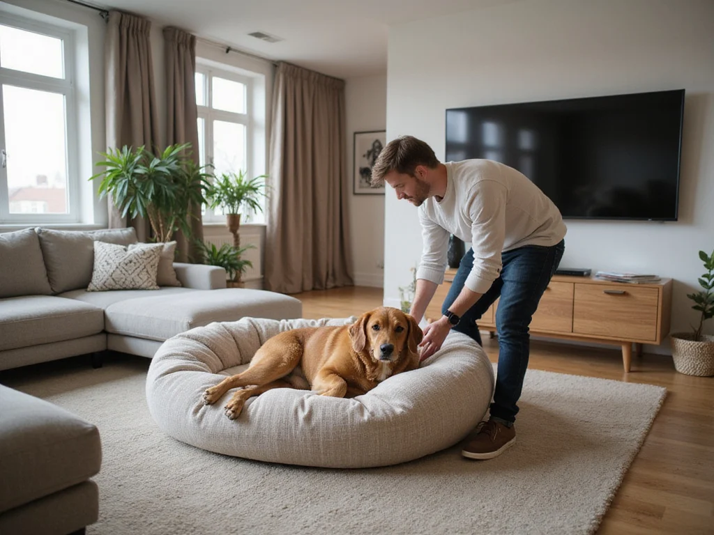 Man in casual attire inspecting oversized people size dog bed in cozy living room.