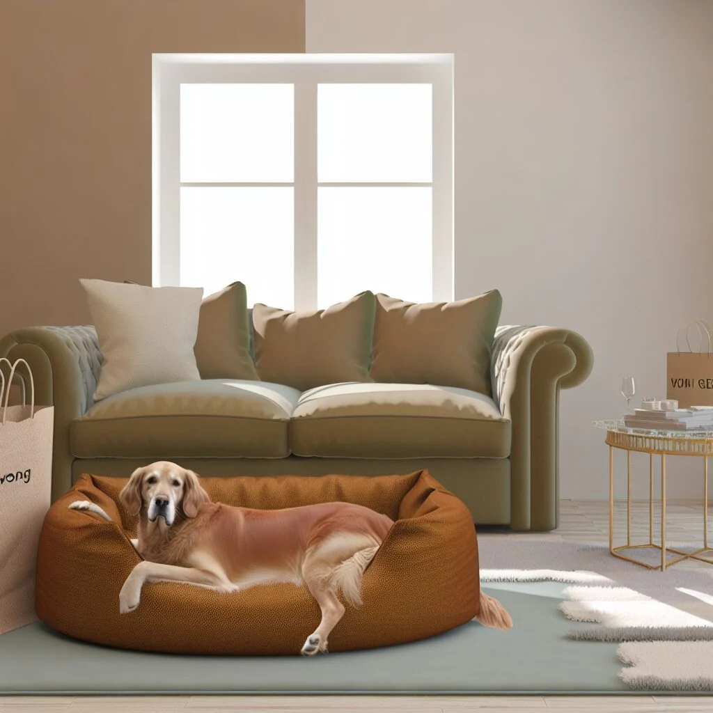 People sized dog bed in cozy living room with Golden Retriever