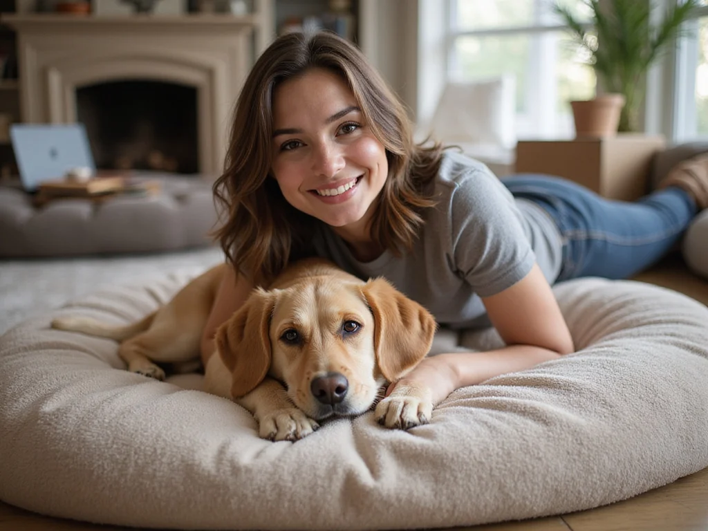 Woman and Labrador relaxing on people sized dog bed in cozy setting