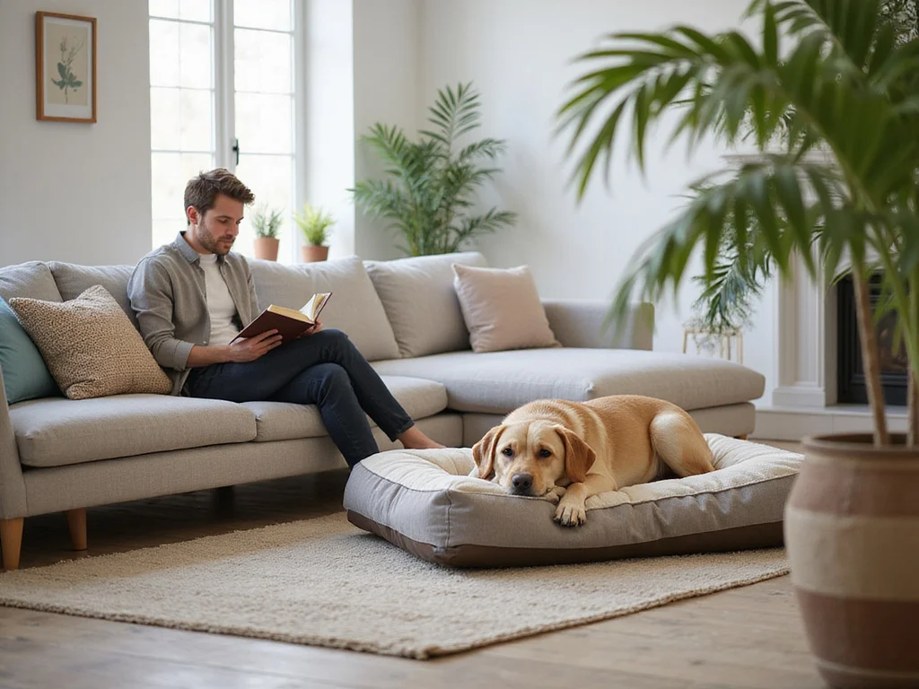 Human and Labrador relaxing on matching beds in cozy living room