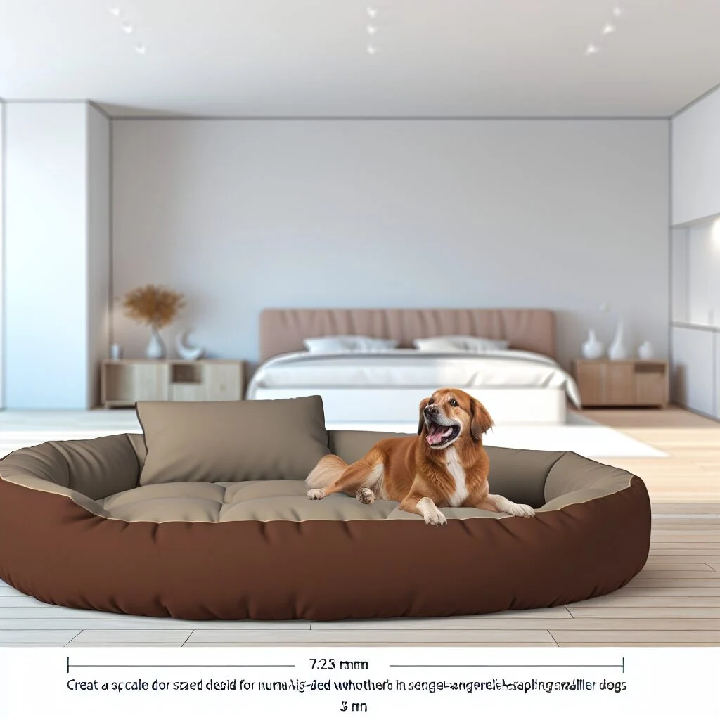 Golden retriever on a comfortable person sized dog bed in a minimalist room.