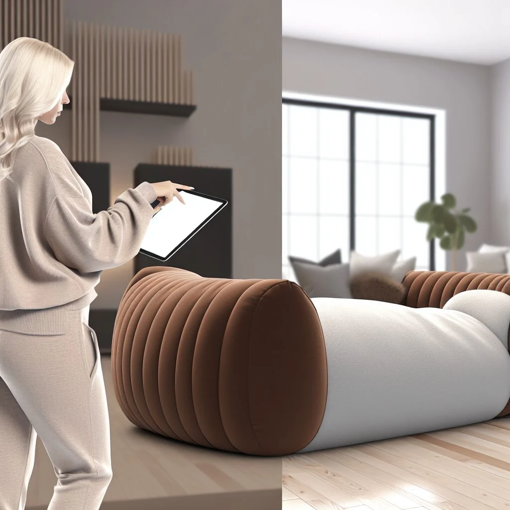 Blonde woman relaxing on Pluff dog bed for humans in modern living room