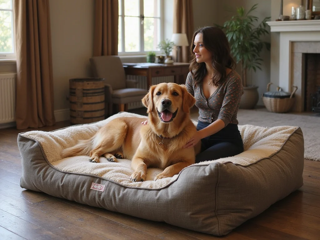 Woman and golden retriever relaxing on Plufl Human Dog Bed