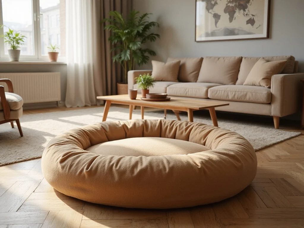 Empty plush human sized dog bed in a cozy, upscale living room