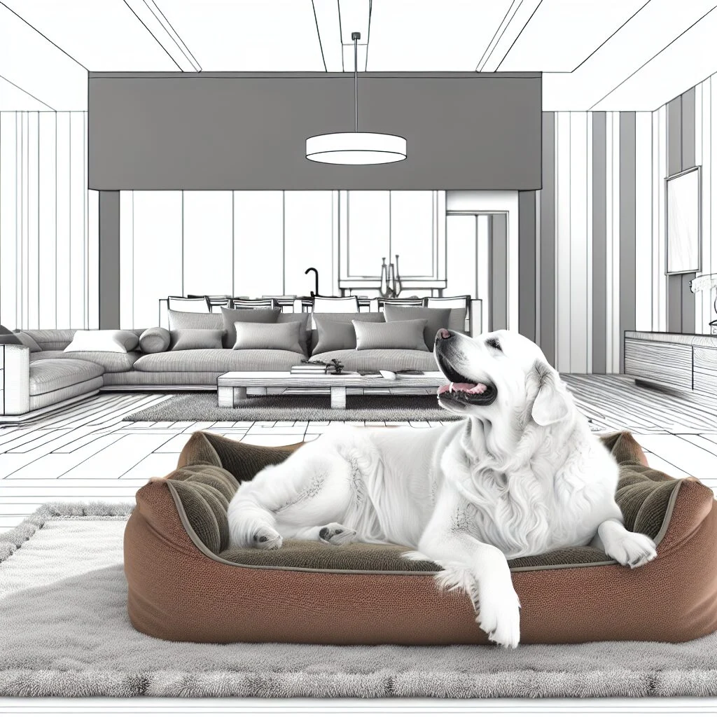 Golden retriever enjoying luxurious human dog bed in chic living room