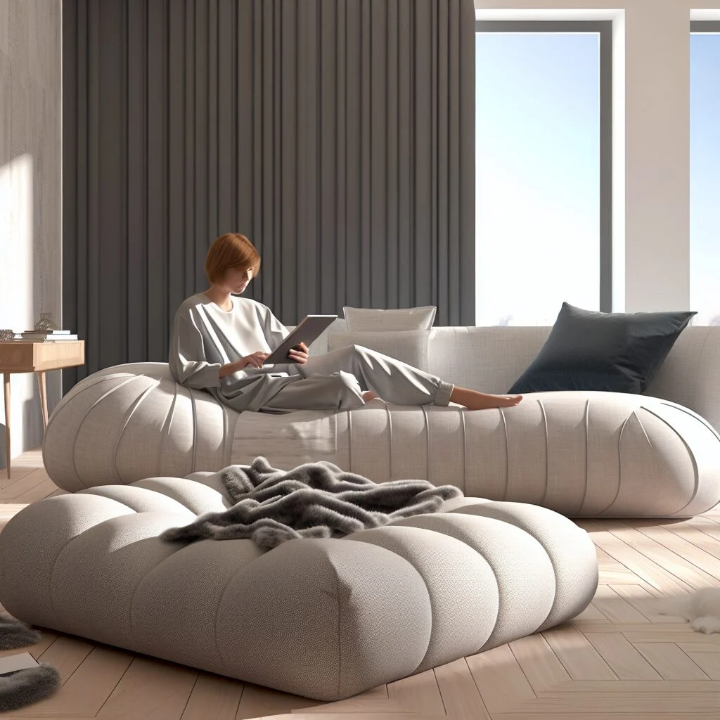 Adult enjoying cozy puffle dog bed for humans in contemporary room