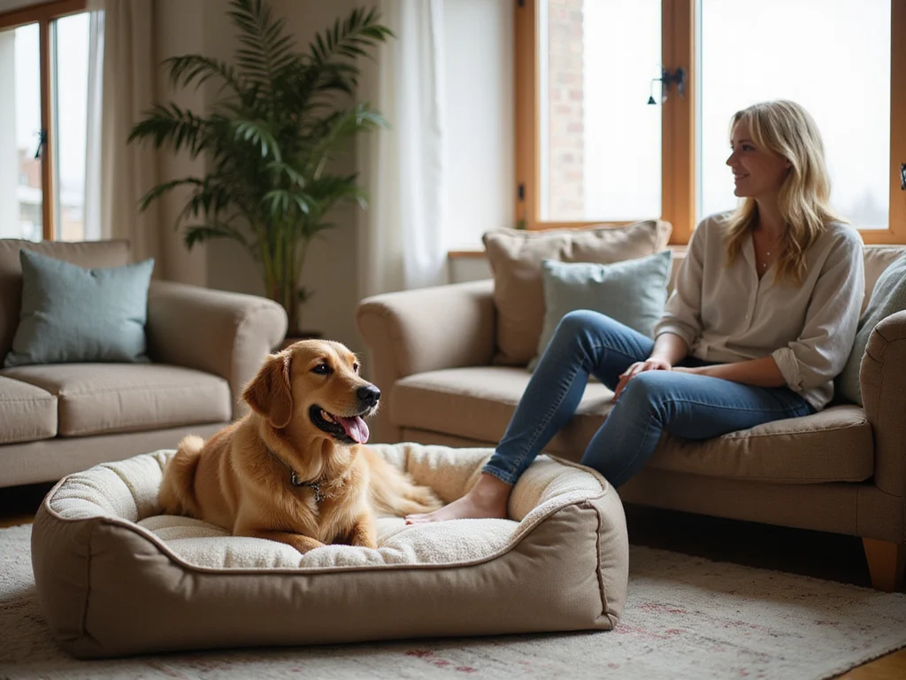 Luxurious pufl dog bed in modern living room with a golden retriever
