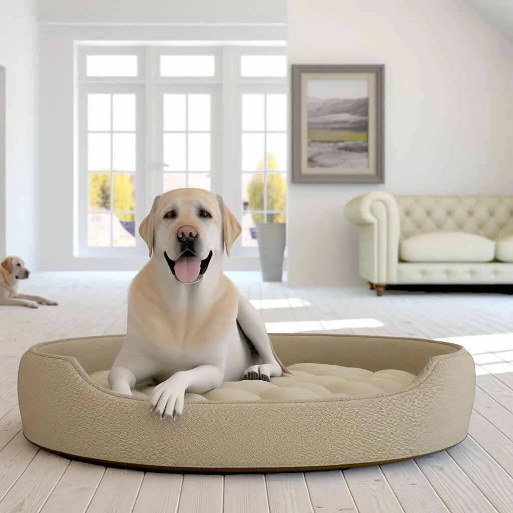 Labrador Retriever content on a PupCloud dog bed in cozy home.