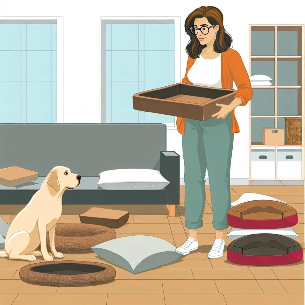 Woman choosing human bed dog in modern, tidy home