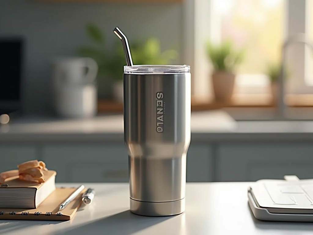 Stanley IceFlow Flip Straw Tumbler on a casual desk setting.