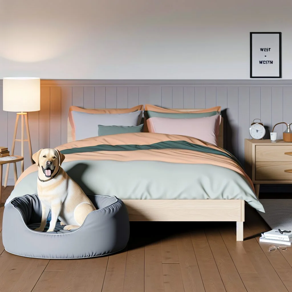 Cozy bedroom with stylish human and adjacent dog bed