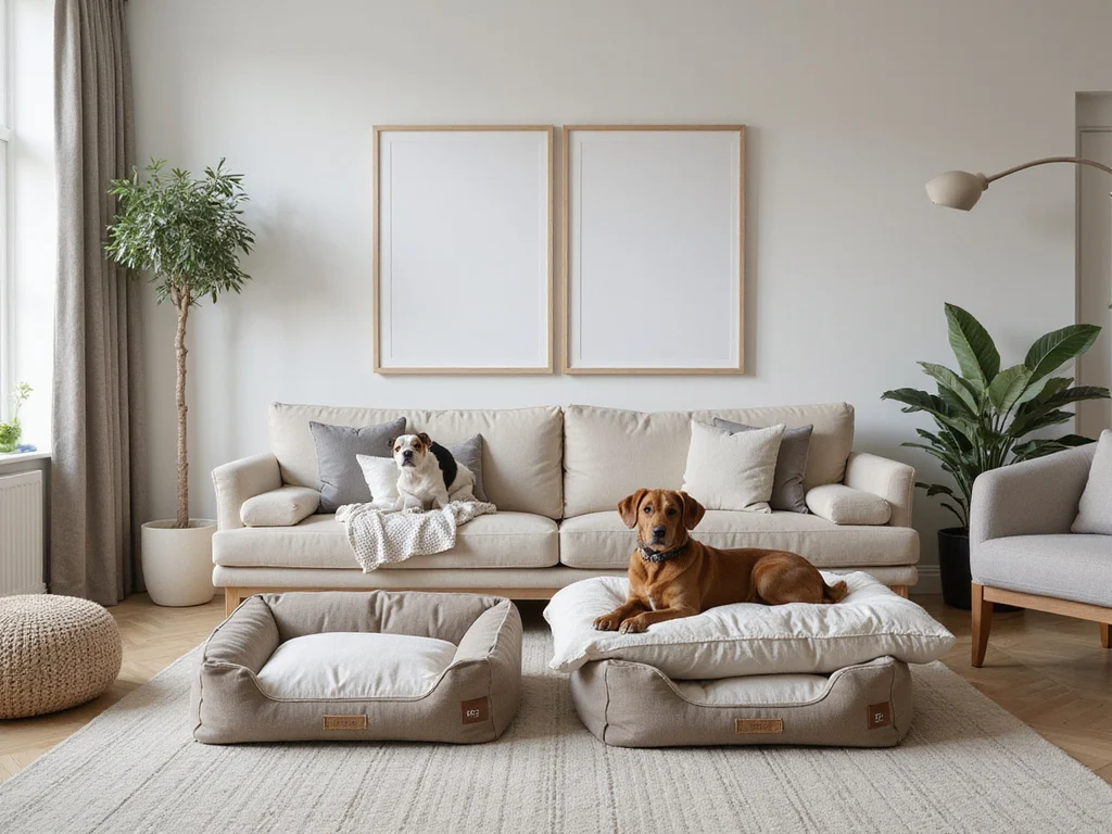 Cozy living room with variety of Tyla Dog Beds in central focus.