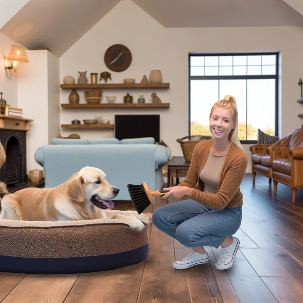 Blonde woman interacts with Golden Retriever on giant dog bed for people in contemporary living room.