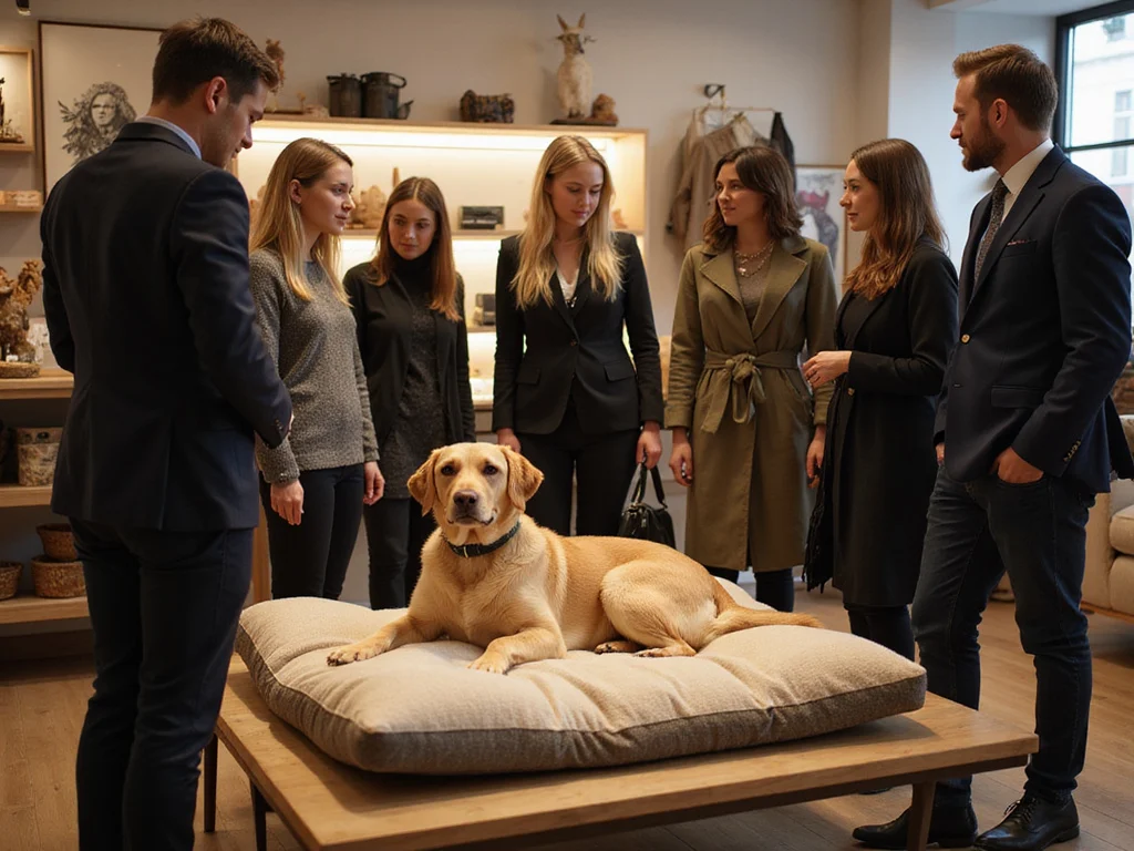 Shoppers appreciating luxurious rollups human dog bed in high-end store.
