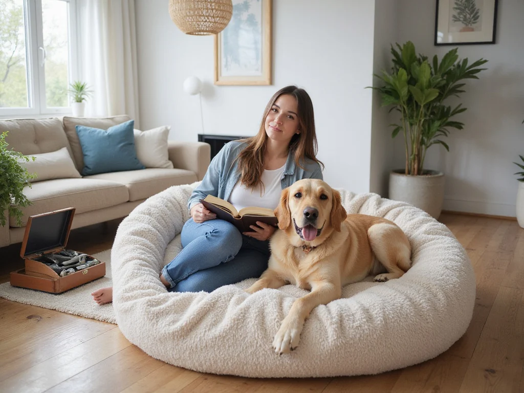 Woman and golden retriever on DIY xl dog bed for humans